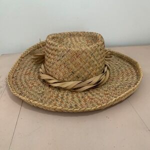 Vintage natural straw boater hat with braided band